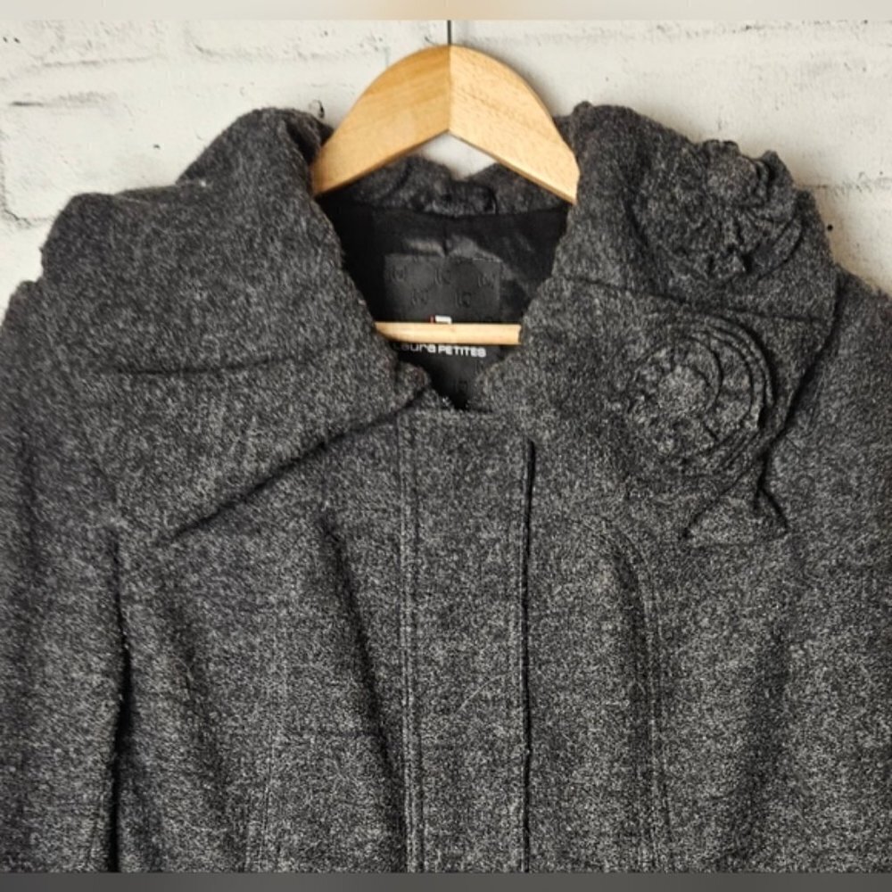Laura Petite Grey Wool Blend Pea Coat With Floral Accents On the Collar. - Picture 5 of 7
